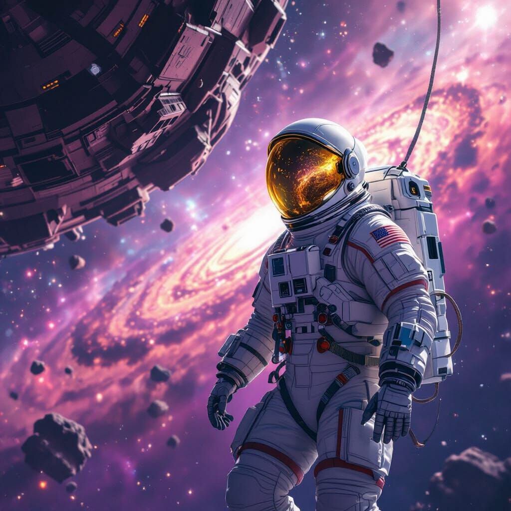 Astronaut Drifting in Nebulae With Crumbling Spaceship