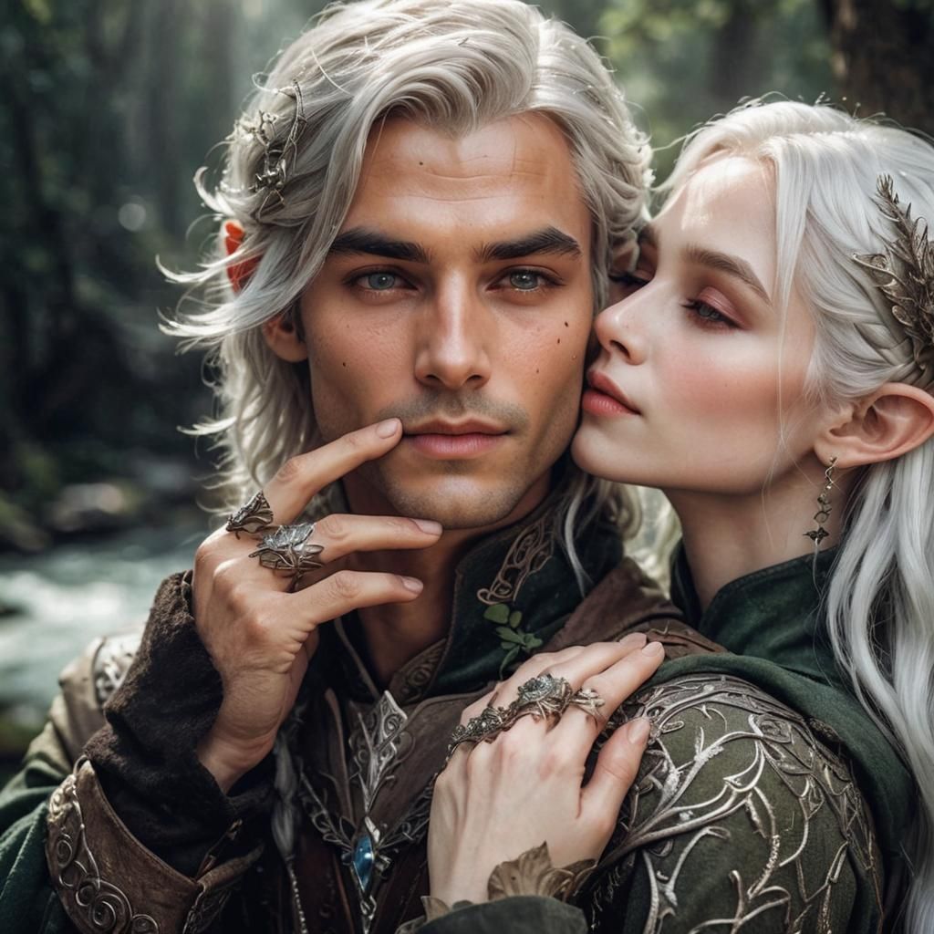 Beautiful ethereal elven woman gently kissing the cheek of a...