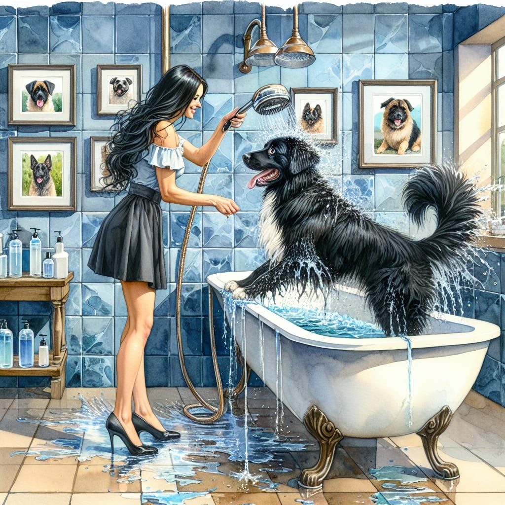 Dog Bathing Mishap in Watercolour Style
