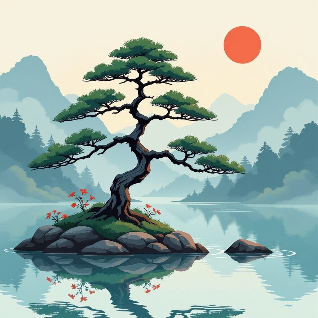 Bonsai Tree Reflected in Misty Lake, Pop Art Style