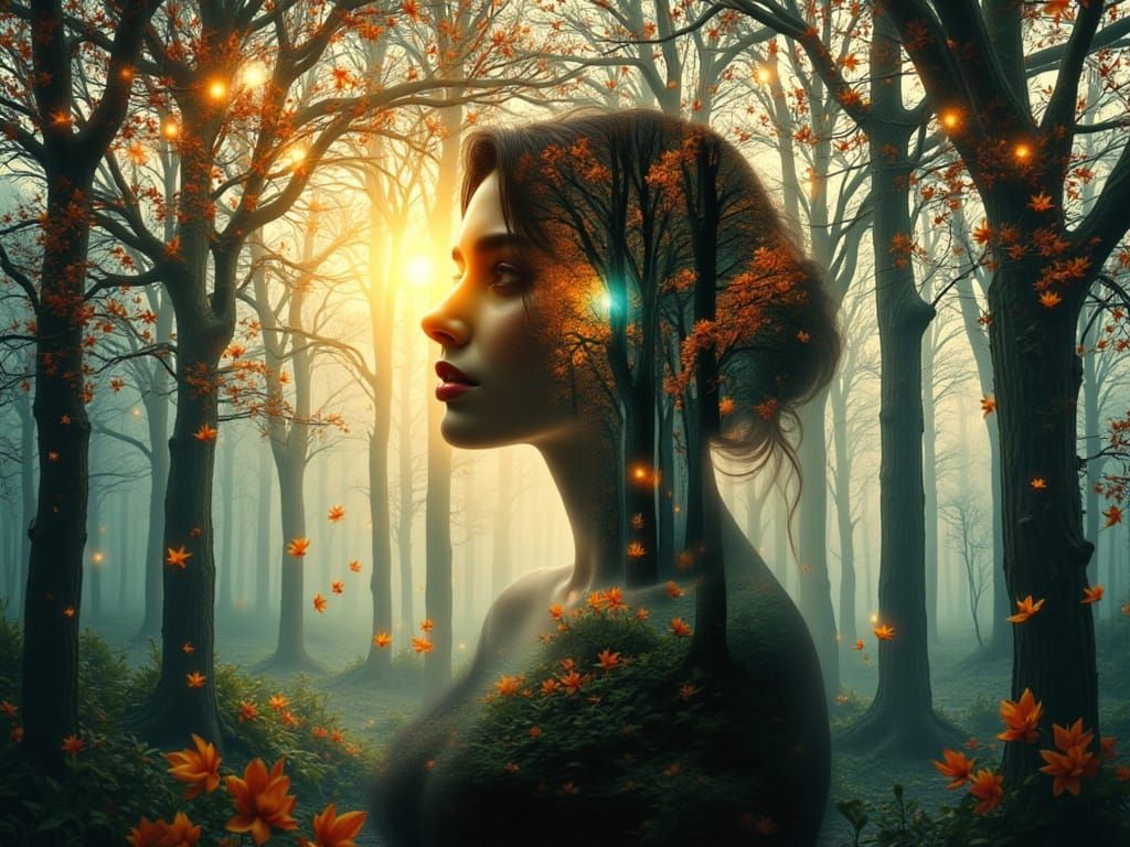 Surreal Double Exposure: Woman's Silhouette Meets Sun-Dapple...