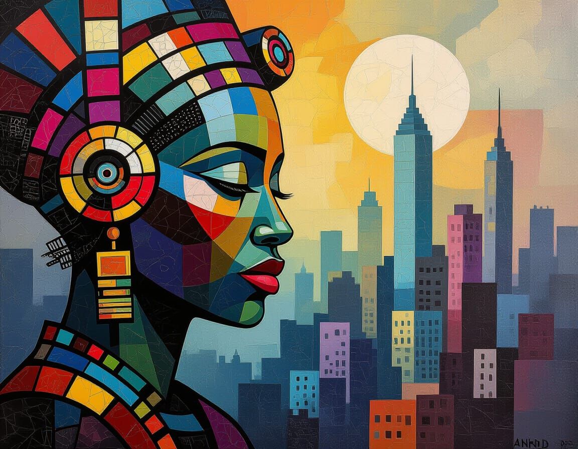 African Oracle in Crumbling Metropolis, Post-Impressionist S...