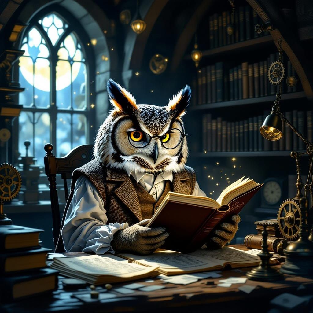 Wise Owl Scholar in Dusty Workshop