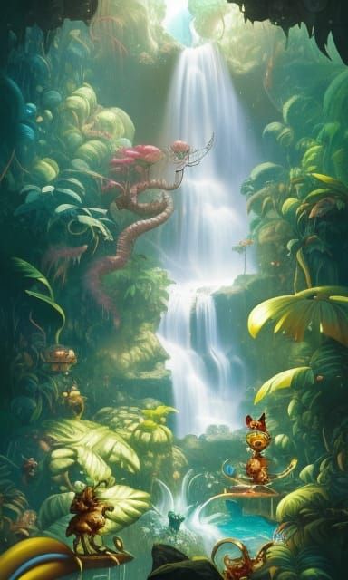 Sky Waterfall in Jungle Land: Digital Illustration