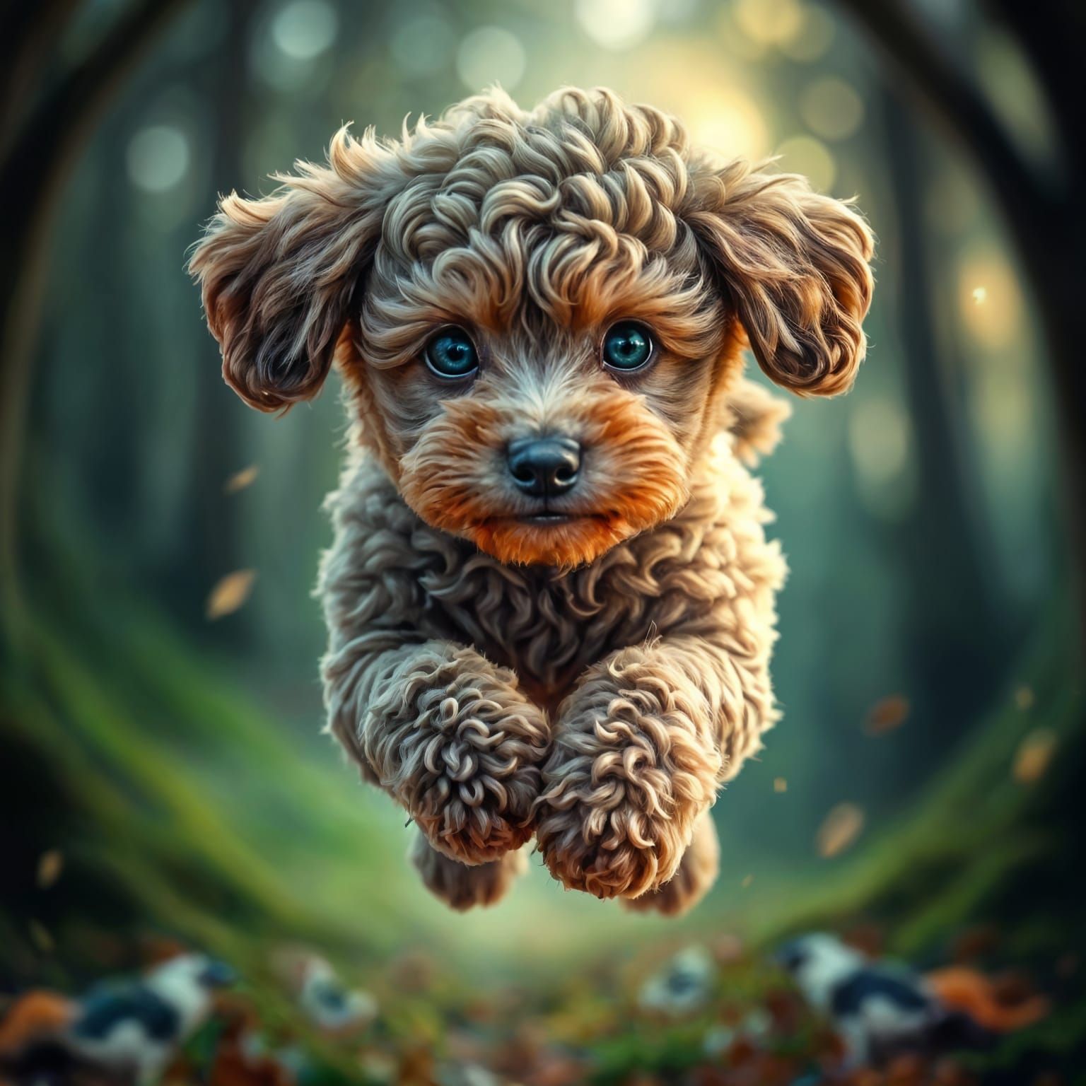 Adorable Poodle Puppy Leaping in Magical Forest