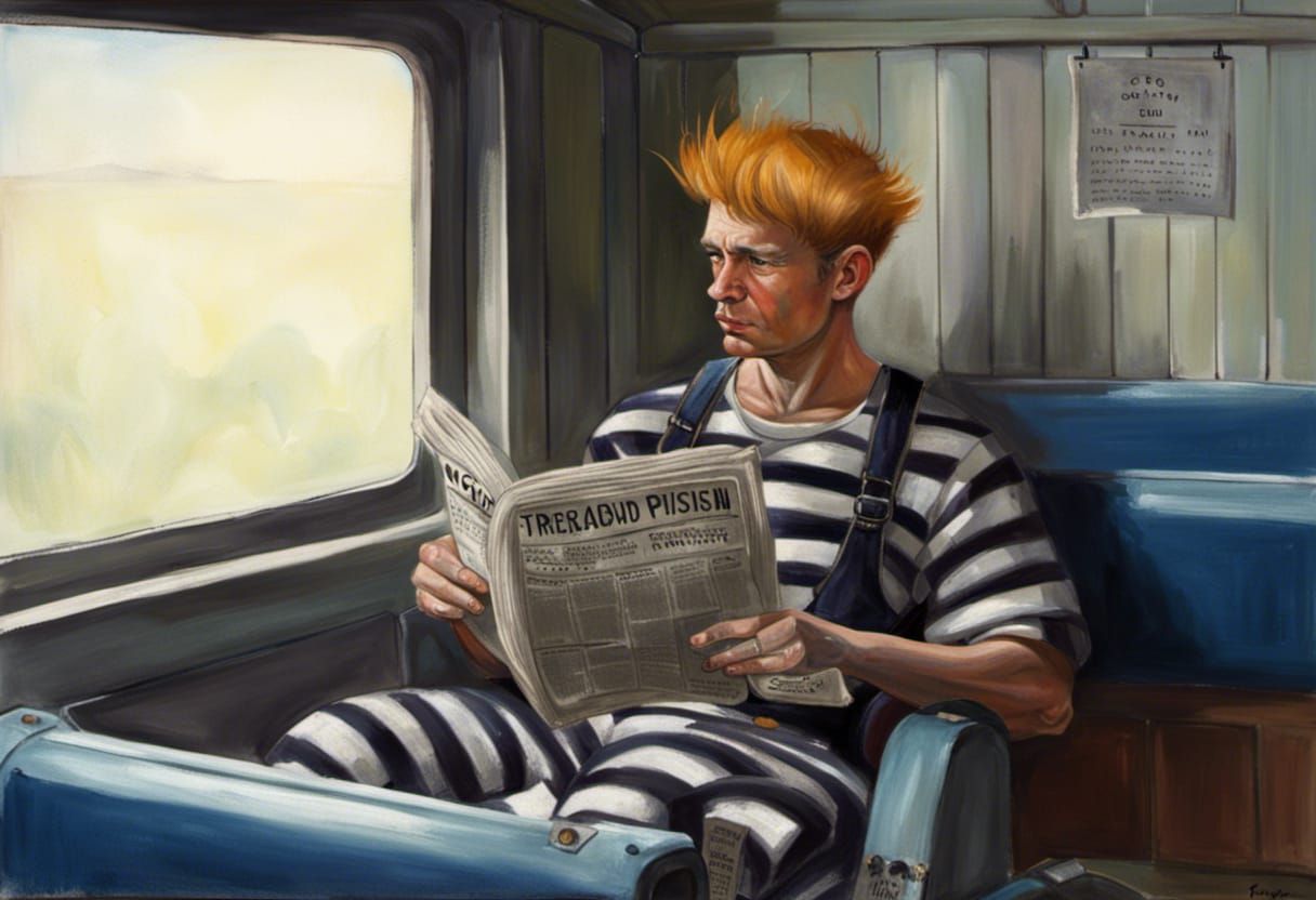 Convict Reading Newspaper on Train in Hyperdetailed Style