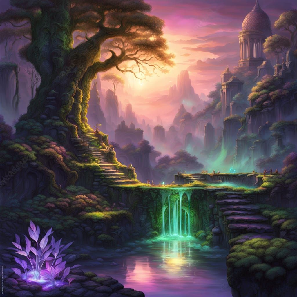Fantastical Crystal Forest in Ethereal Violet and Gold Light