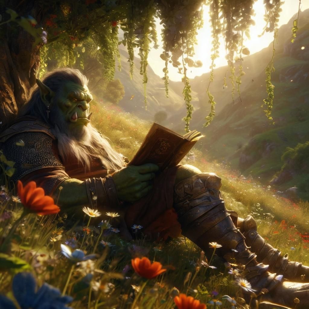 Orc Reading in a Sunny Flower Field