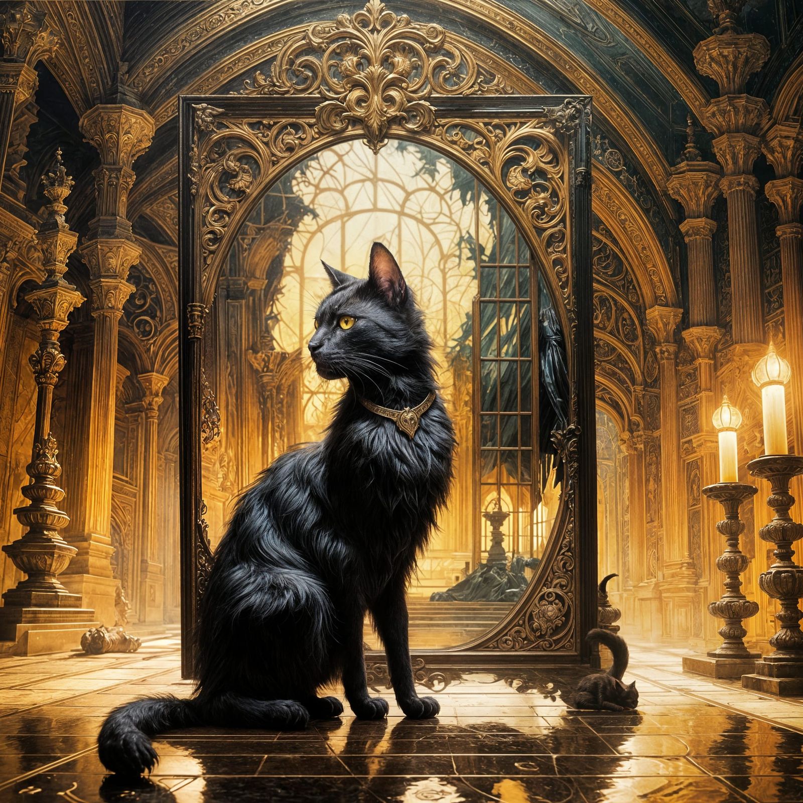 Gloomy Mansion: Black Cat in Dark Fantasy Style