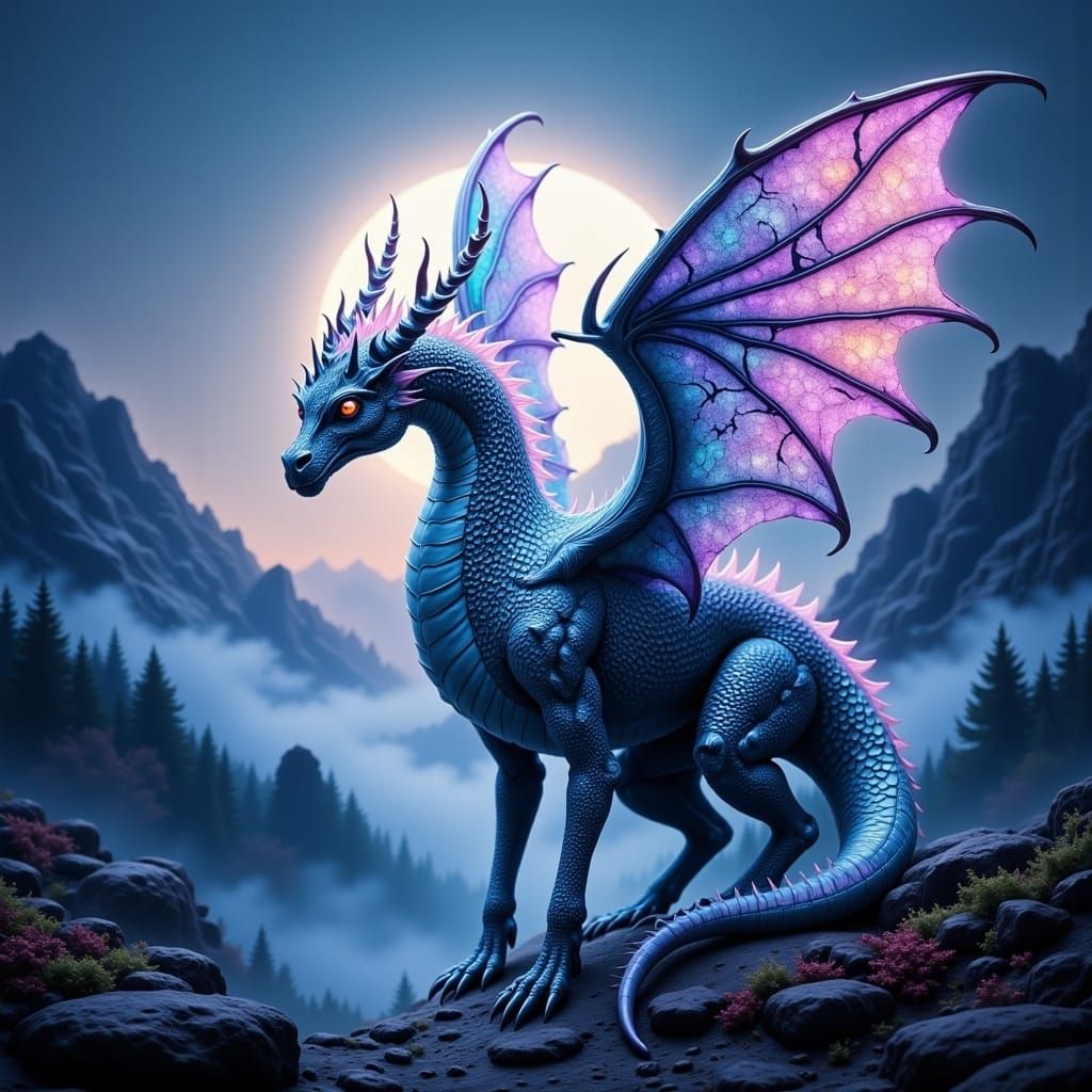 Iridescent Dragon in Moonlit Landscape, Dreamlike Fantasy Ar...