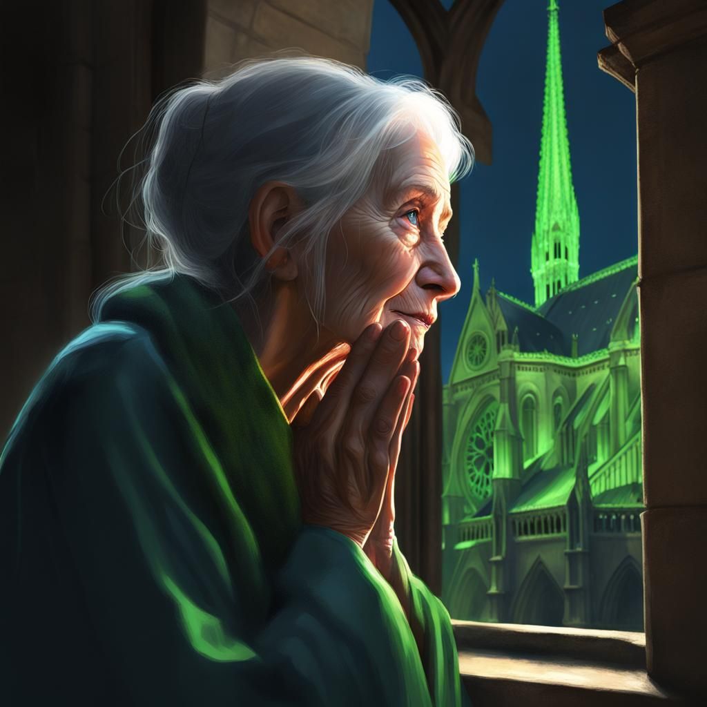 Old Woman Praying to Bioluminescent Glow, Digital Art