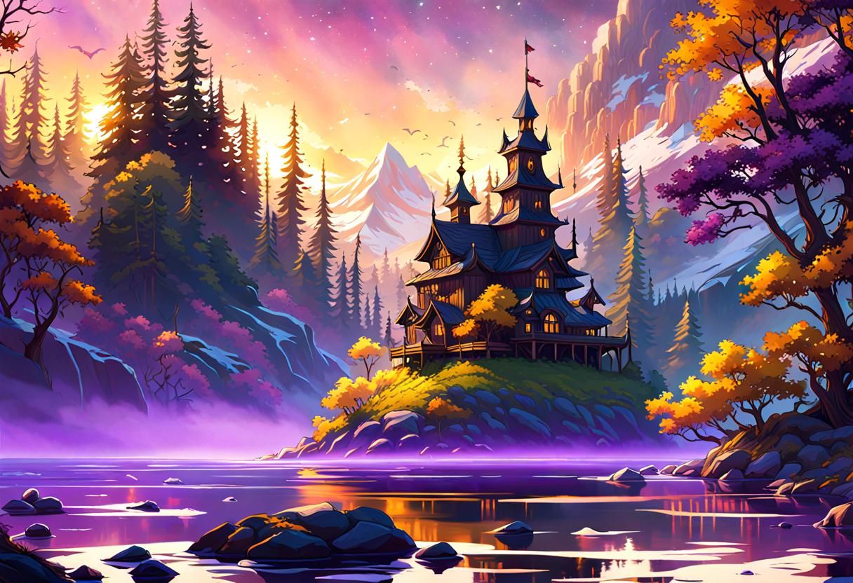 Spring Sunset Landscape as Dark Fantasy Concept Art