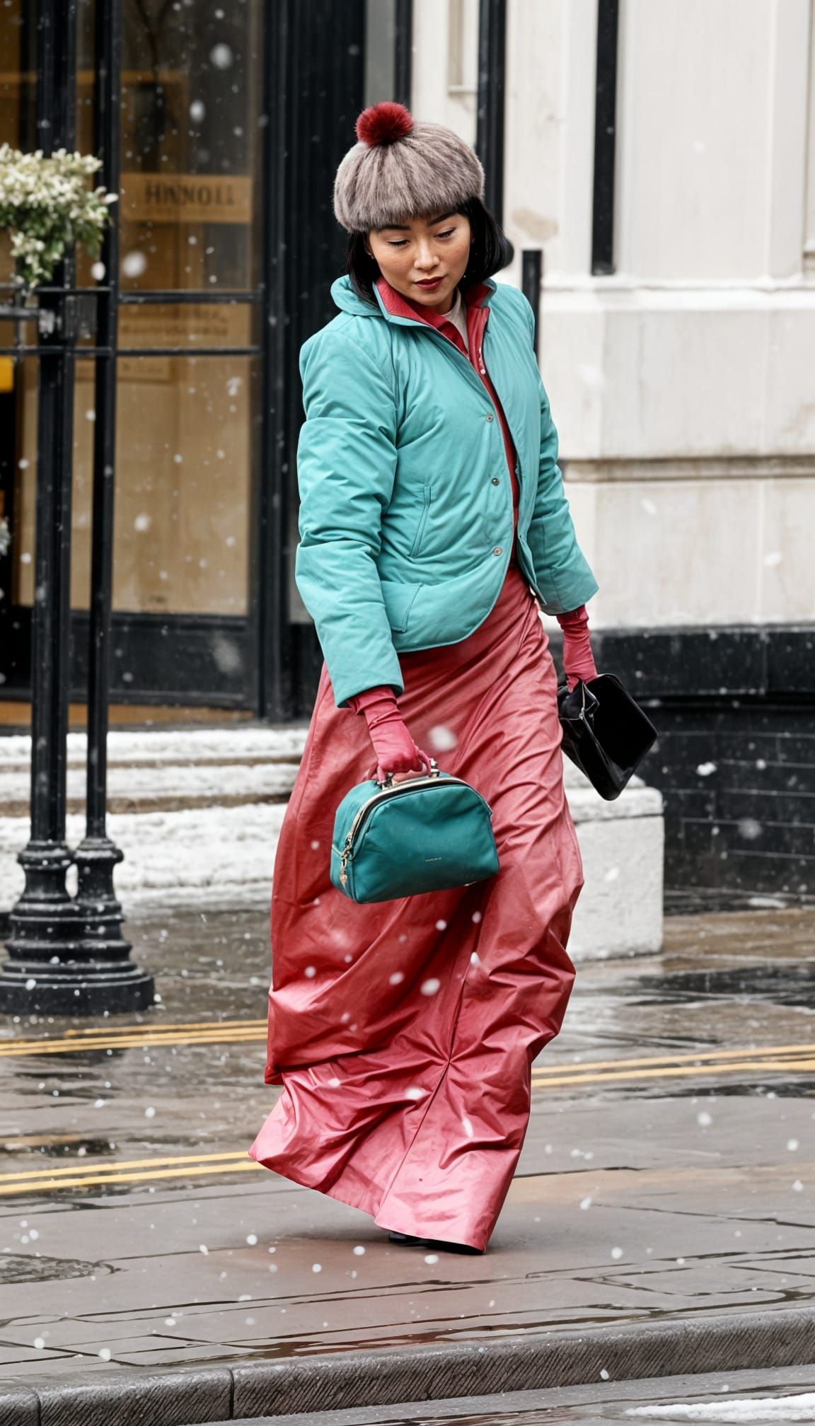 Classic Hollywood Actress Walks Through Snowy Street in Eleg...