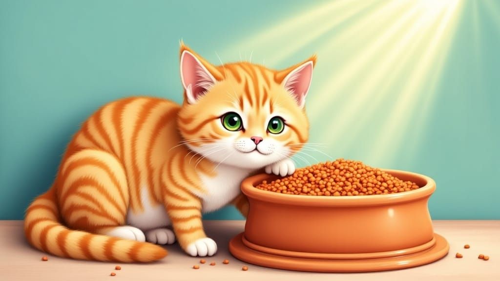 Orange Tabby Cat Reaching for Food, Cartoon Illustration