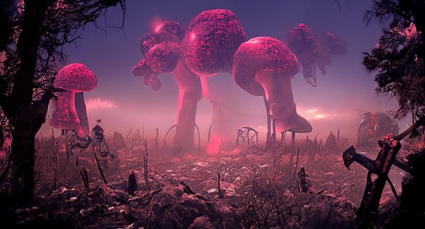 Surreal Solarpunk Mushroom Eaters in Overgrown World