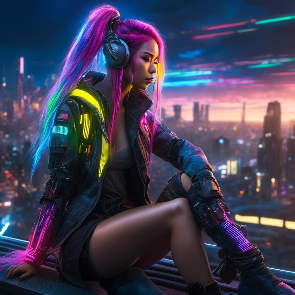 masterpiece, gorgeous, beautiful, female cyborg, <lora:Murraypunk v2:1.0> Asian cyberpunk girl with long rainbow colour ...
