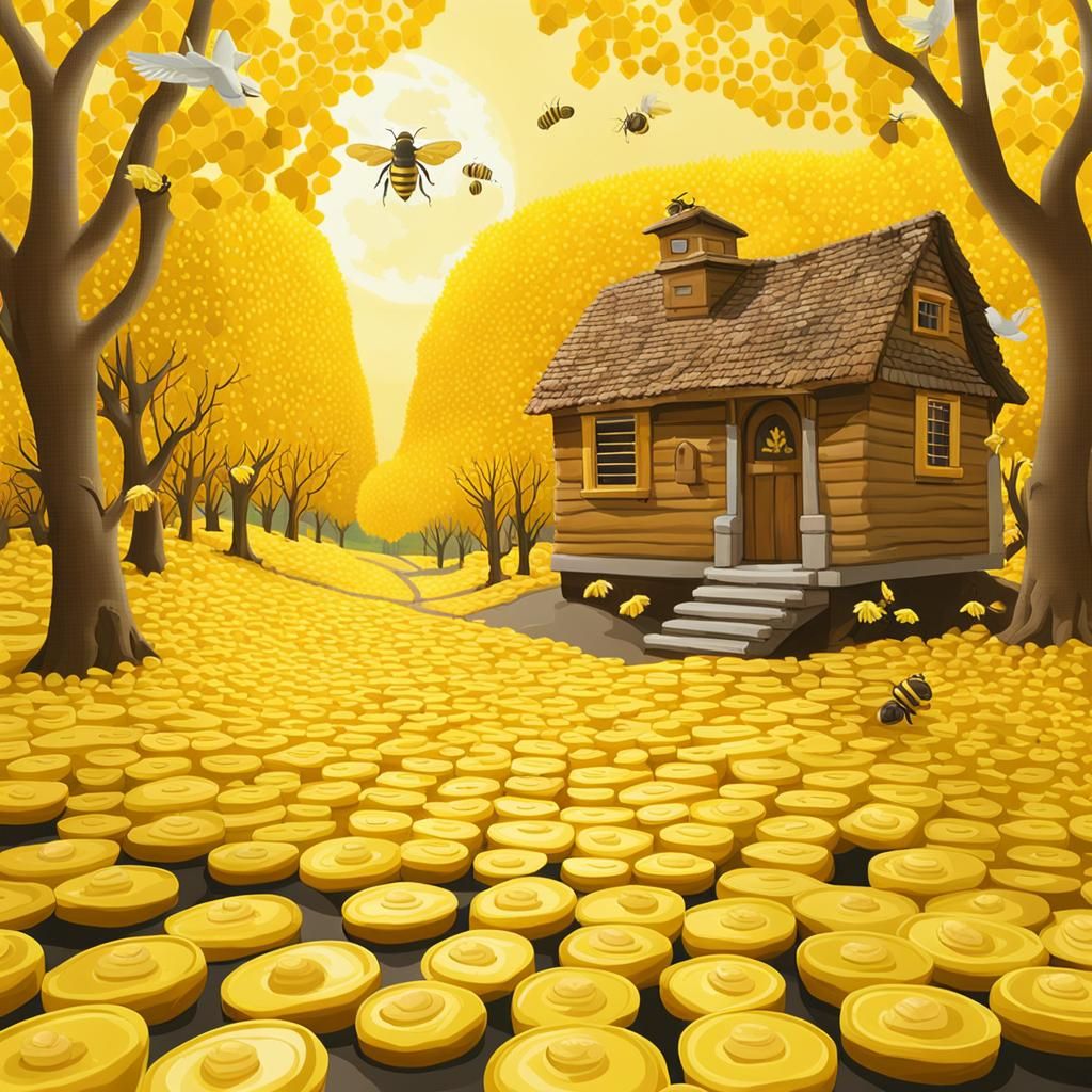 Surreal Yellow Landscape with Brick Road and Swarming Bees