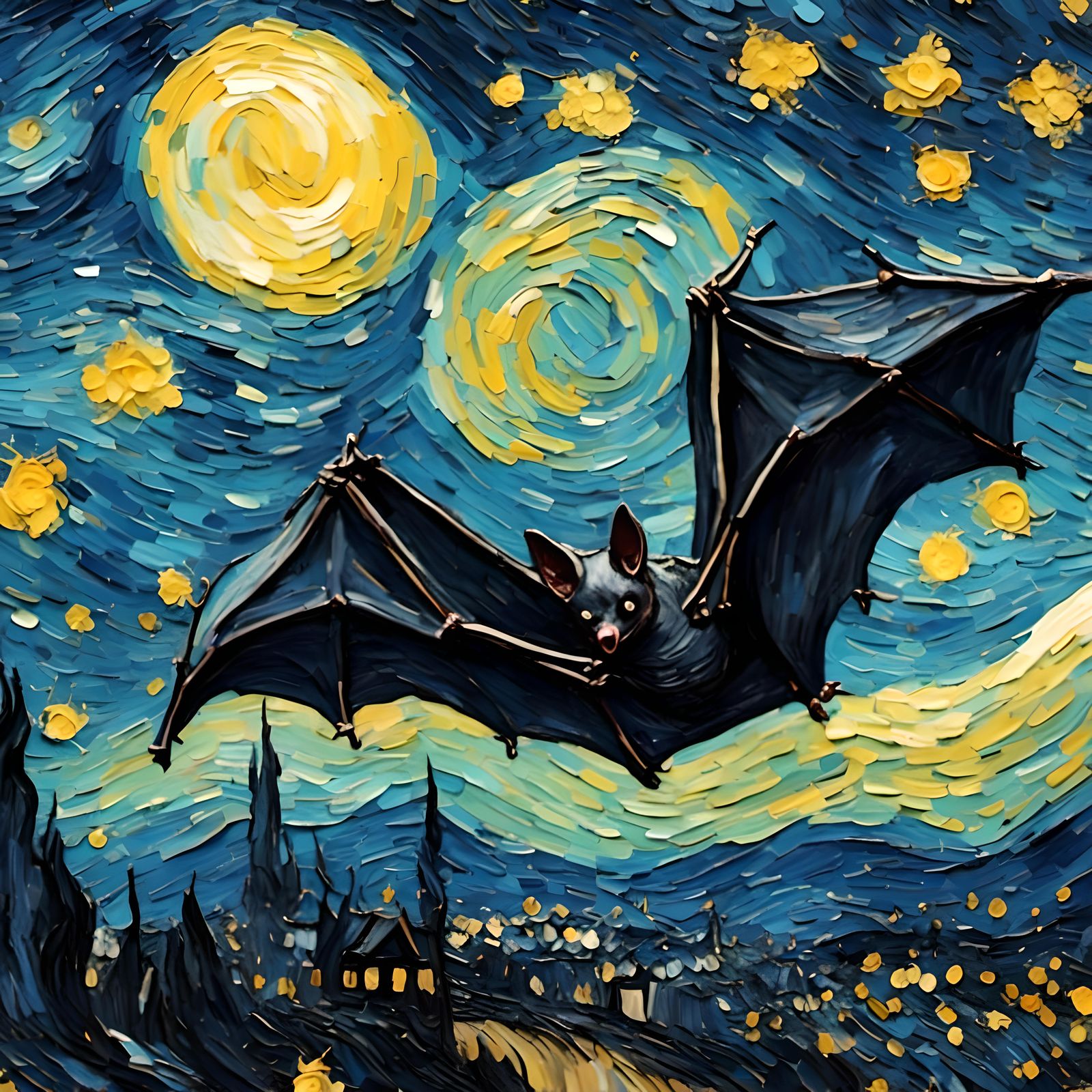 A lifelike bat in a Van Gogh starry night sky