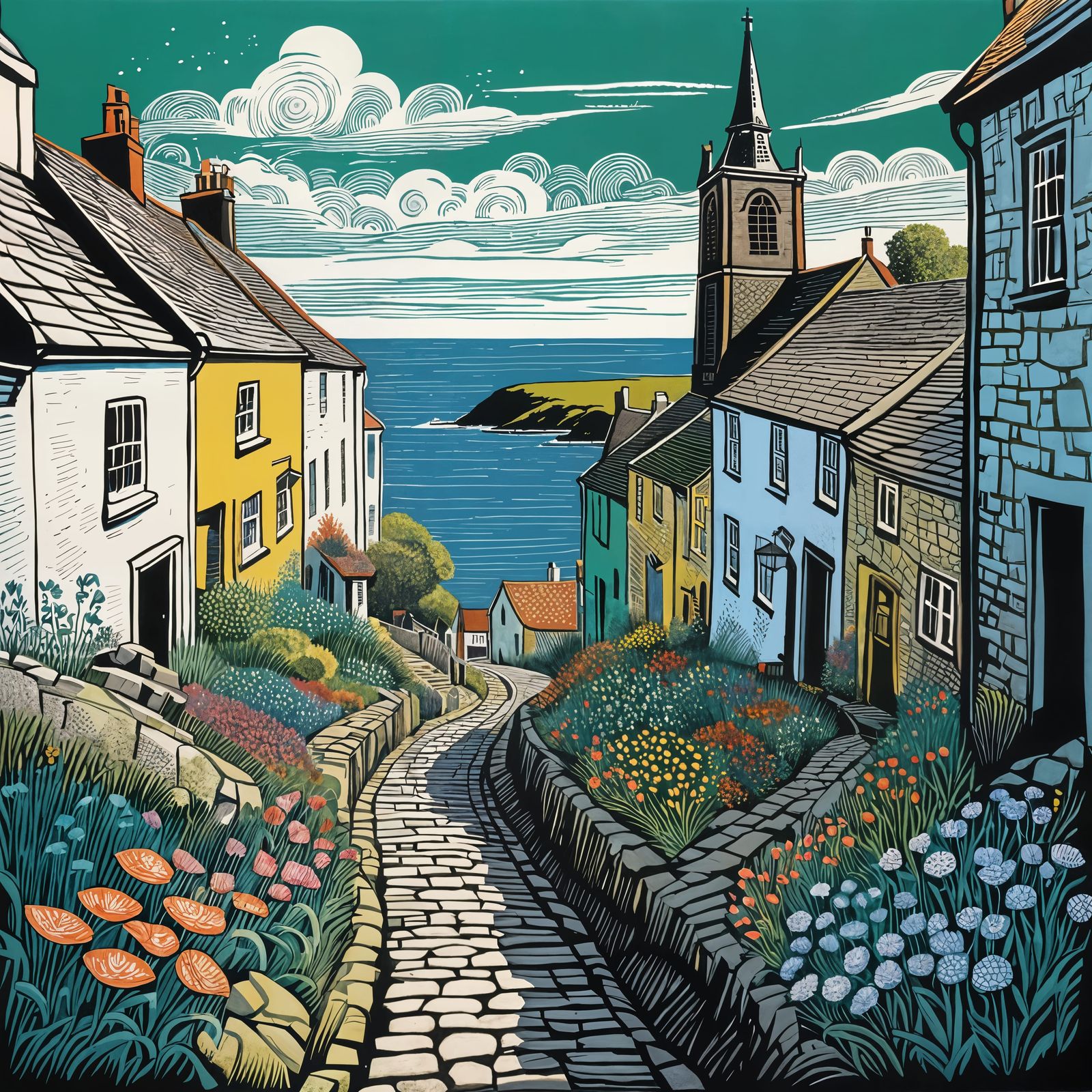 Coastal Village Path to Sea in Linoprint Style