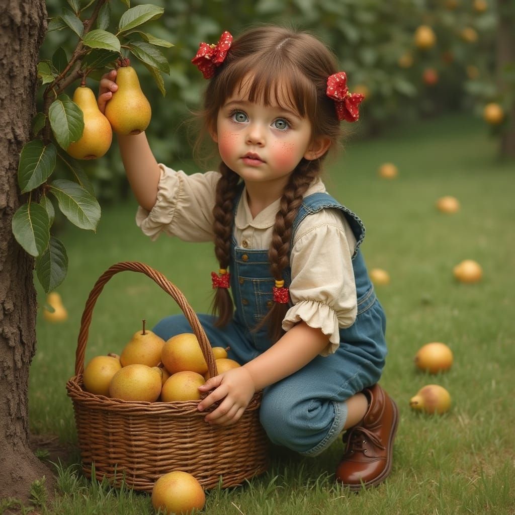 Little Girl Picking Pears in a Vintage Garden