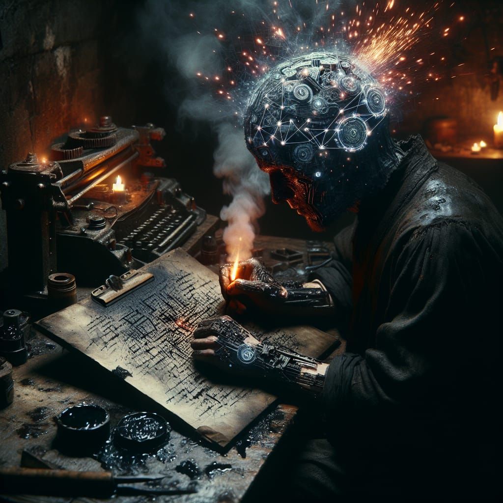 Cyberpunk Steampunk Figure Drawing with Geometric Brain