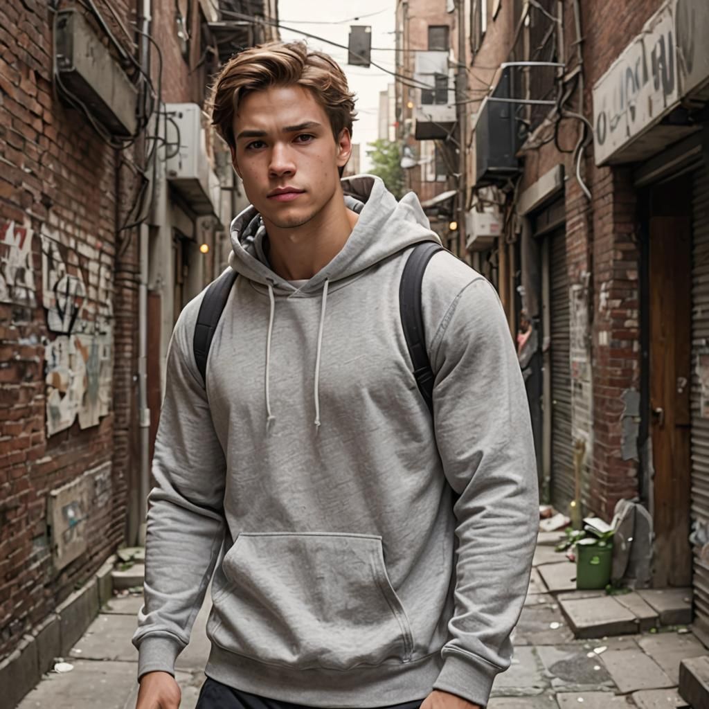 Superhero in Alleyway of Bustling Urban Environment