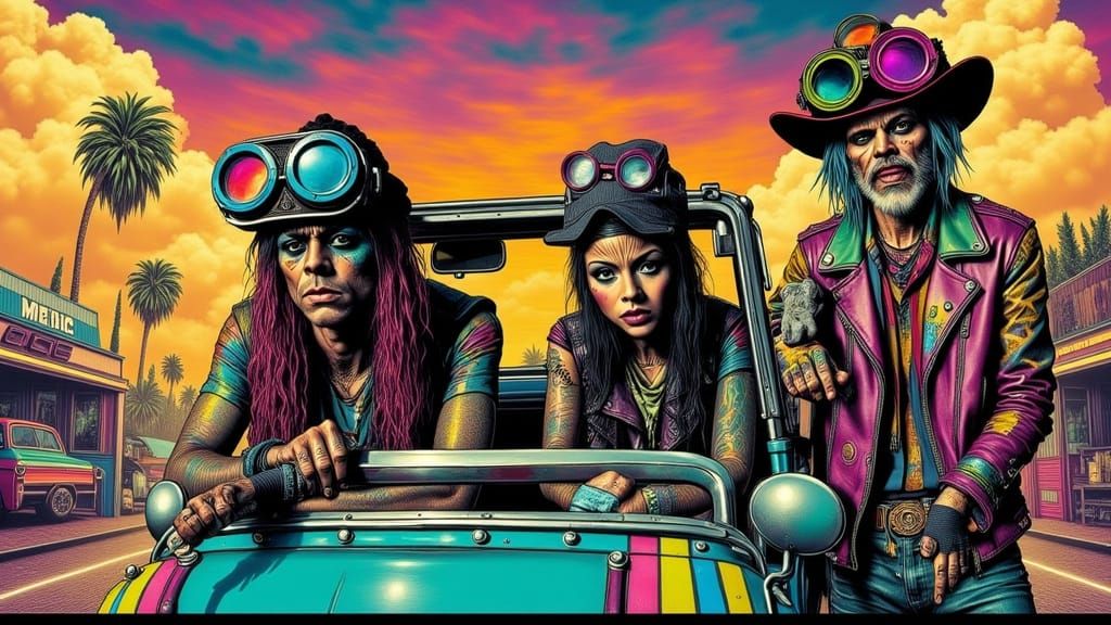 Trashpunk Characters Drive Vintage Car in Dystopia