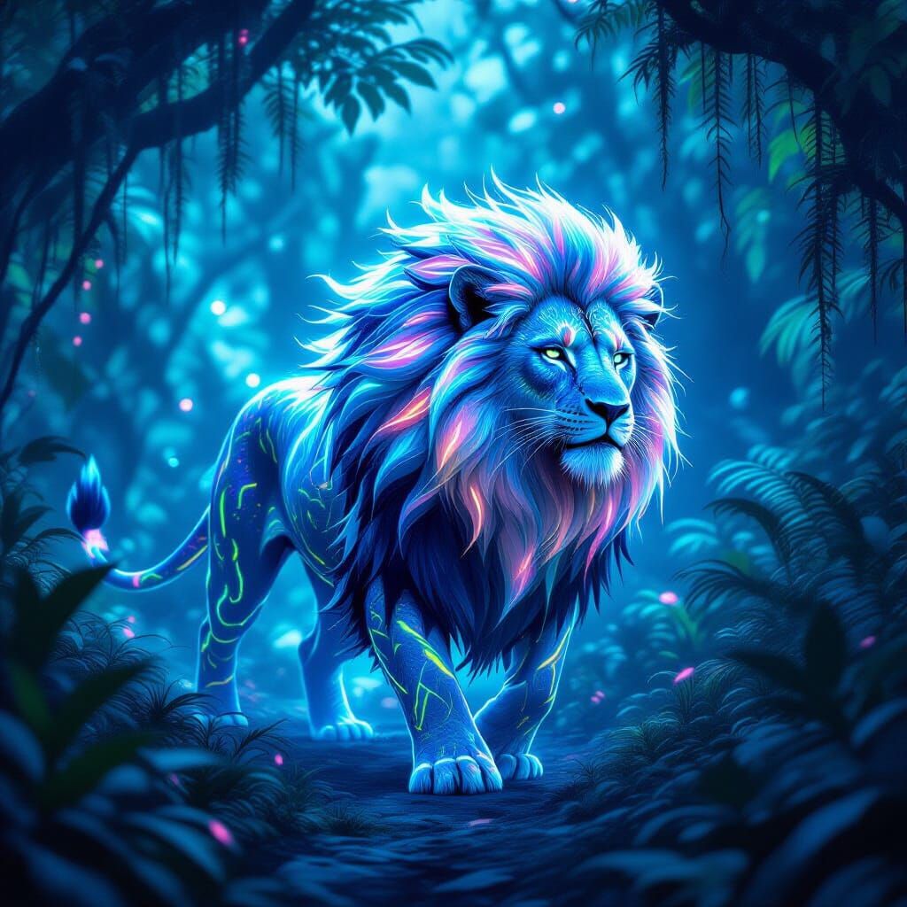 Alien Lion with Light Mane in Cosmic Surrealism