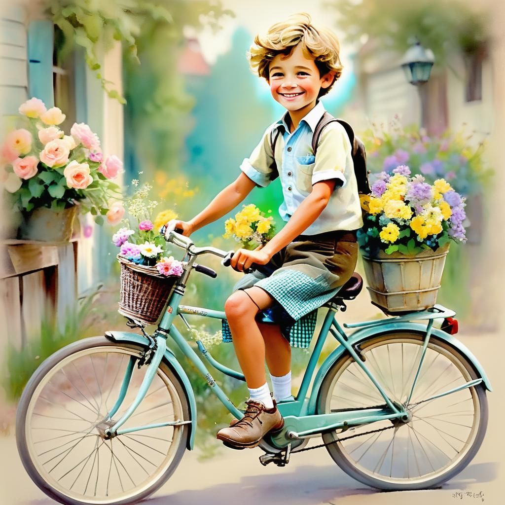 Whimsical Boy on Bicycle with Flowers, Watercolor Style