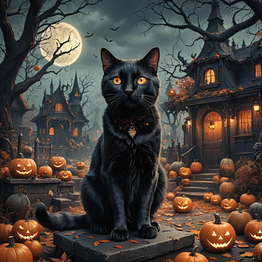 Vintage Black Cat Halloween Matte Painting