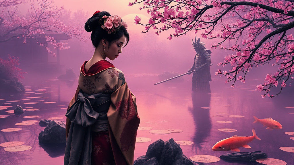 Geisha and Samurai by Koi Pond, in Japanese Art Style