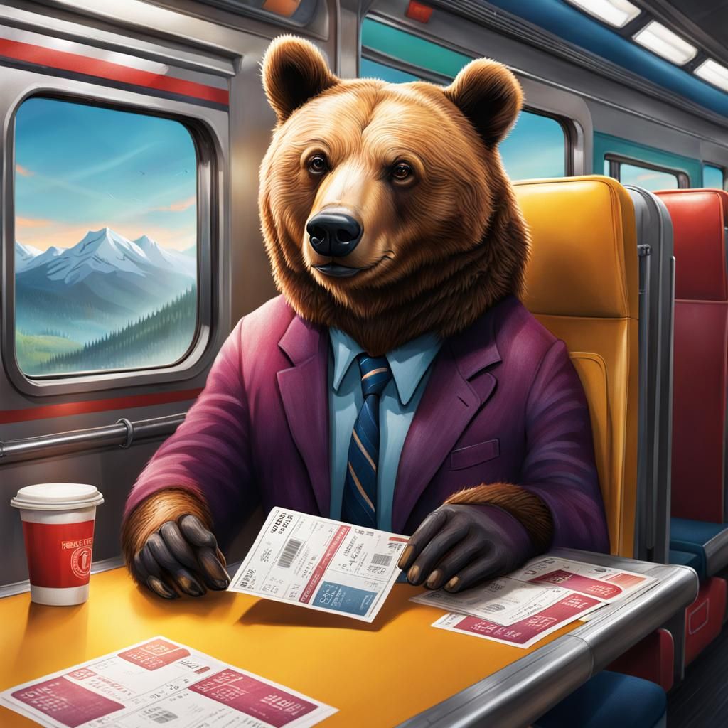 Hyperrealistic Bear Conductor Checking Train Tickets