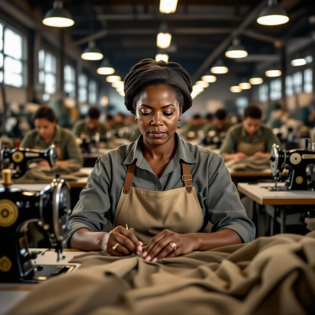 WW1 Factory Worker: Determined Black Woman Sewing Uniforms