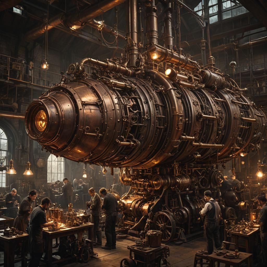 Steampunk Rocket Construction in Dimly Lit Workshop