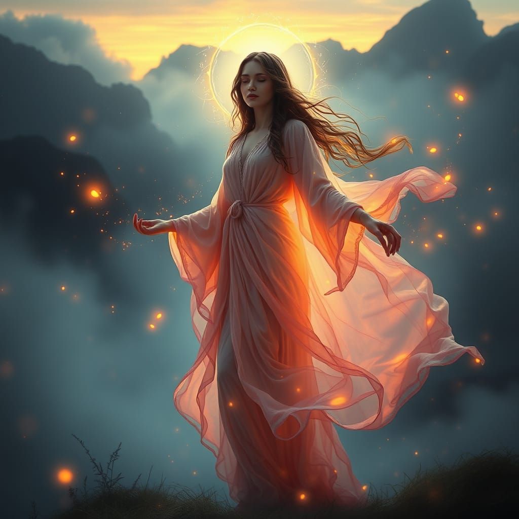 Ethereal Goddess Amidst Celestial Fireflies