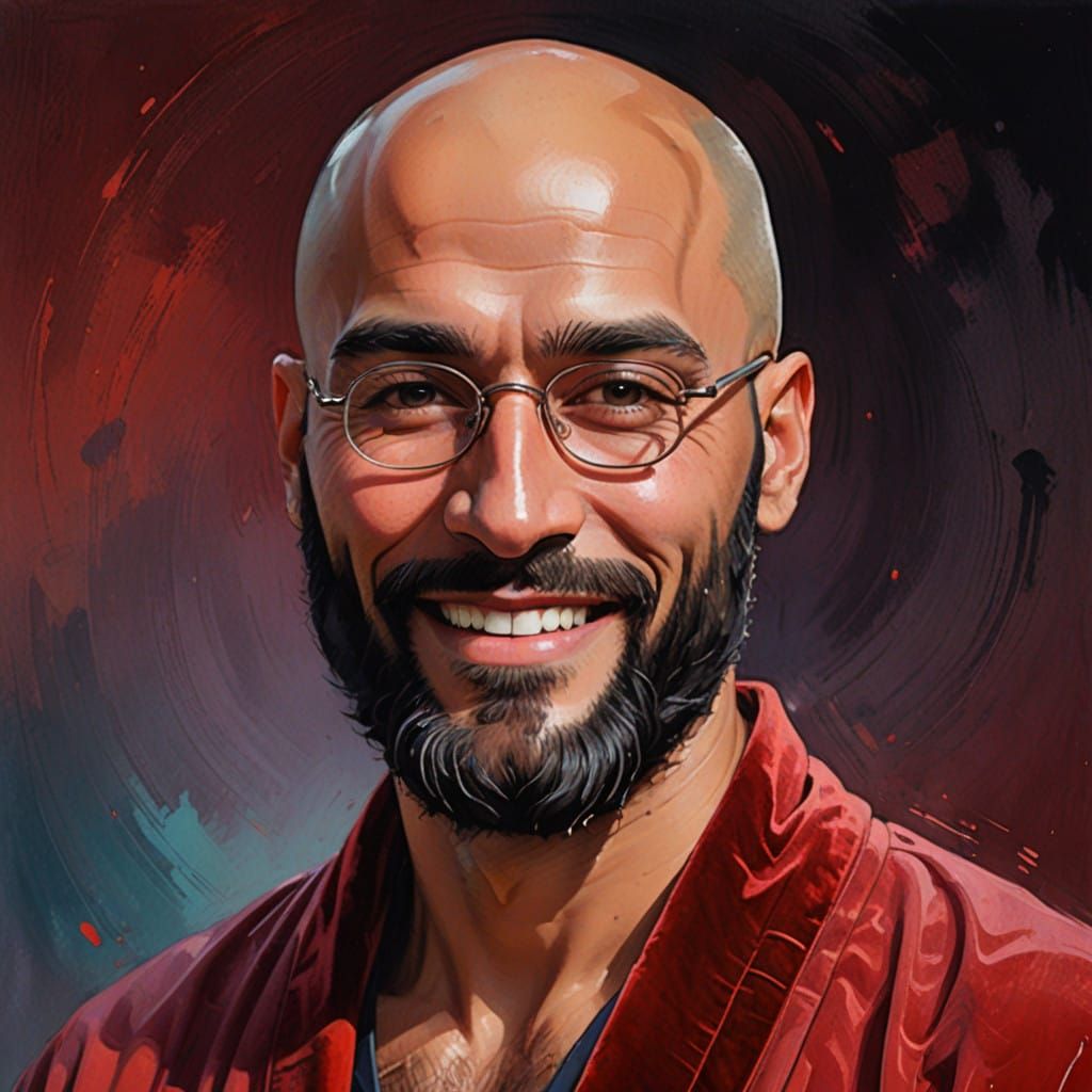 Joyous Young Man in Red Velvet Bathrobe