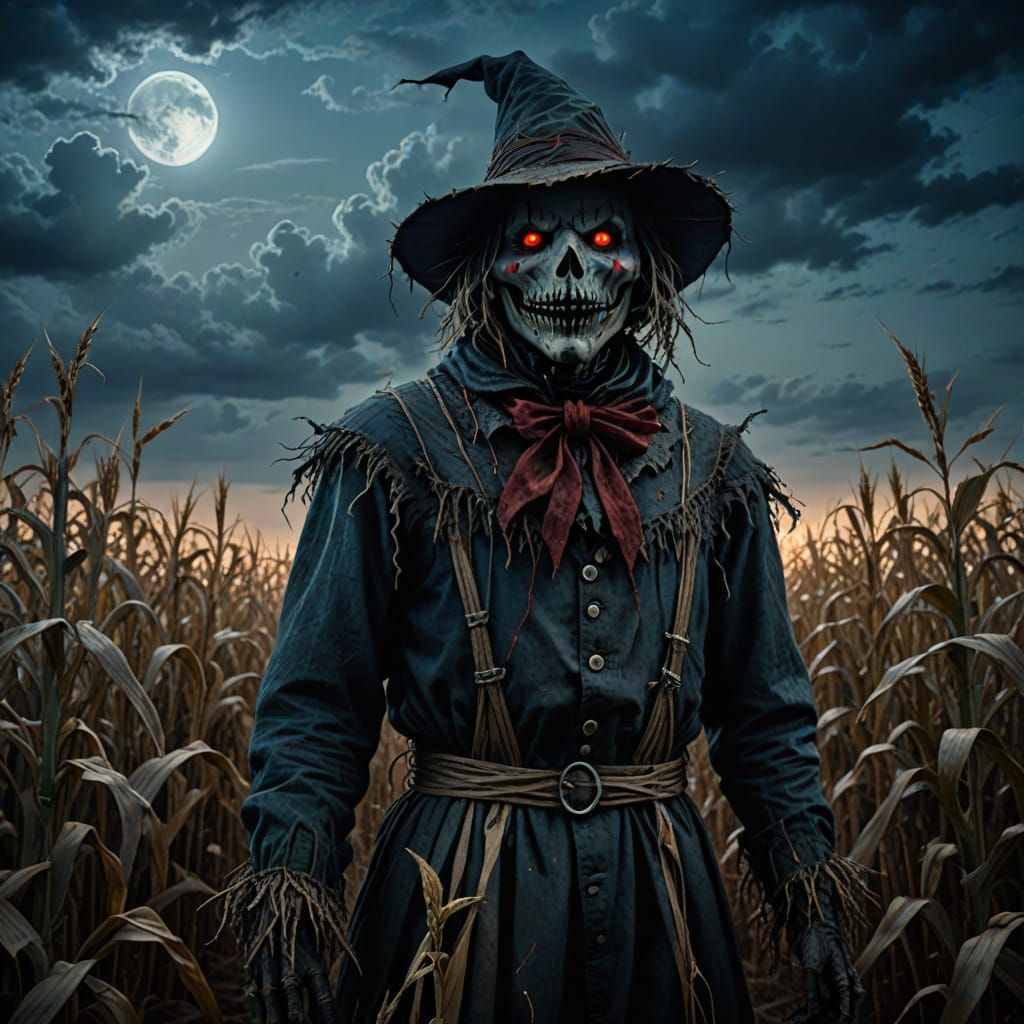 Eerie Scarecrow with Red Eyes in Cornfield