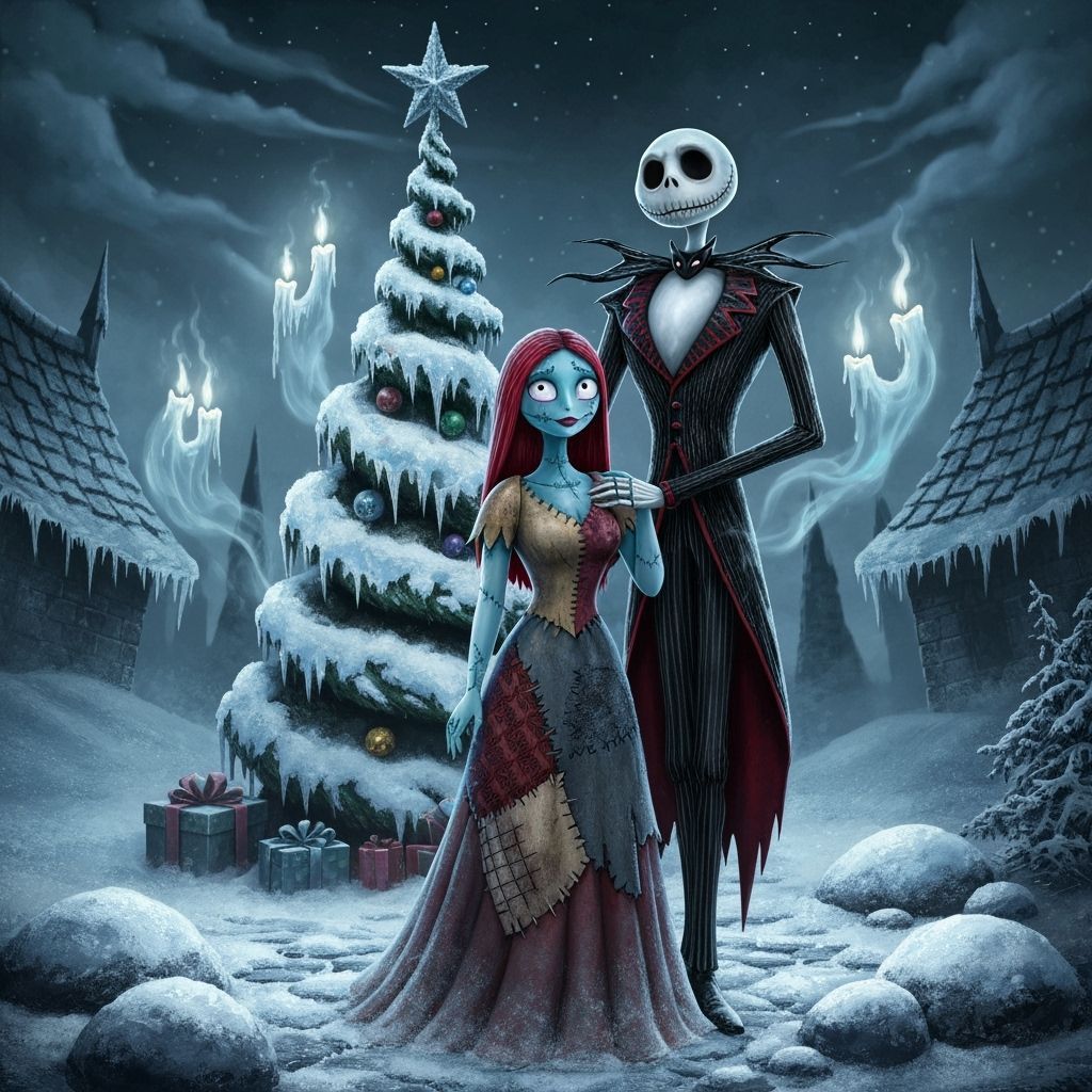 Gothic Winter Scene with Jack Skellington and Sally