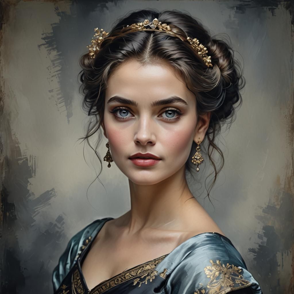Elegant Portrait with Opaline Eyes in Rembrandt Style