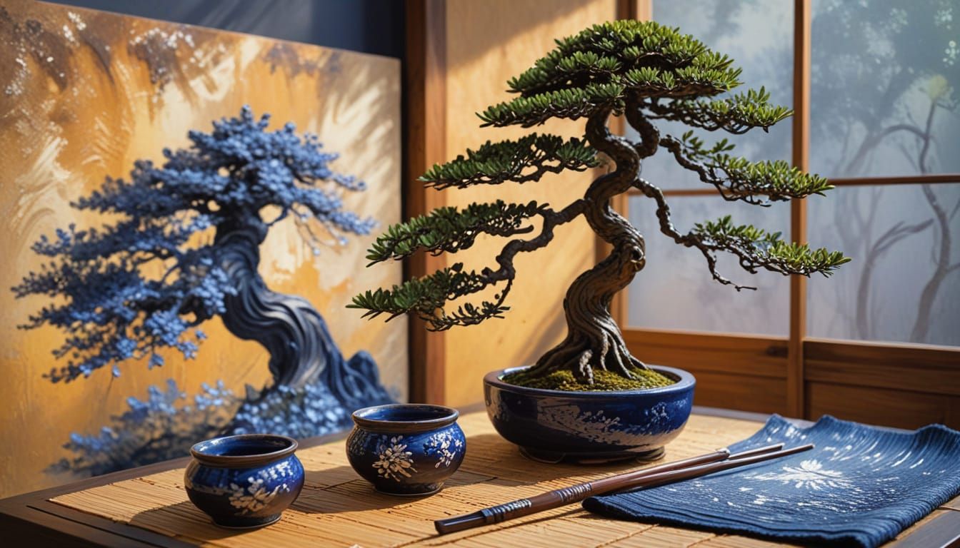 Bonsai and Tea Set: An Impasto Painting