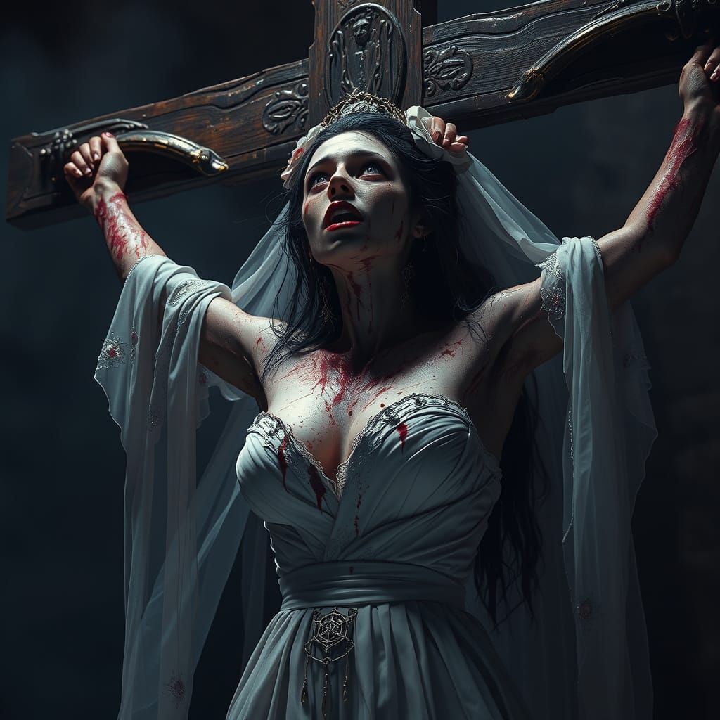 Horror Bride's Crucifixion: Dark Fantasy Art