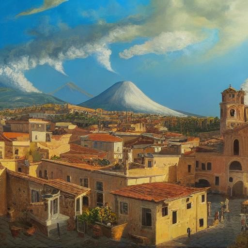 Erupting Etna Over Medieval Sicilian Town: Impasto Oil Paint...