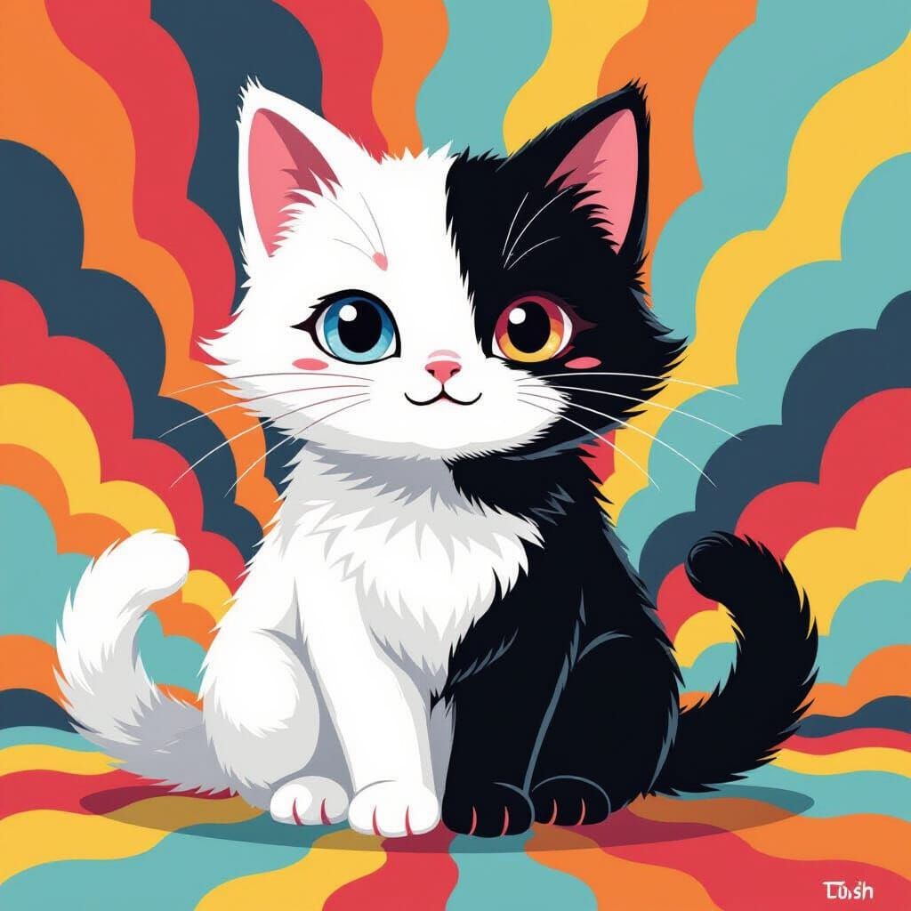 Bi-Colored Cat in Whimsical Pop Art Style