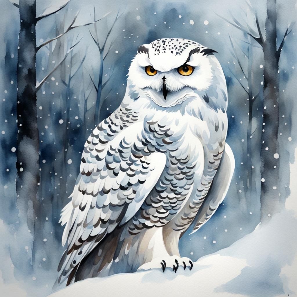 Mystical Snowy Owl in Winter: Aquarelle Painting