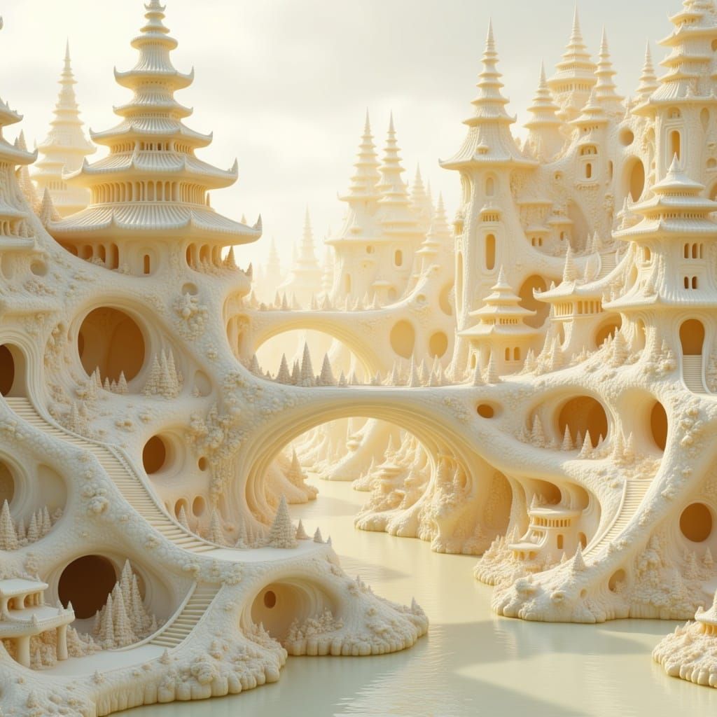 Ethereal Cityscape in Beige and Jade