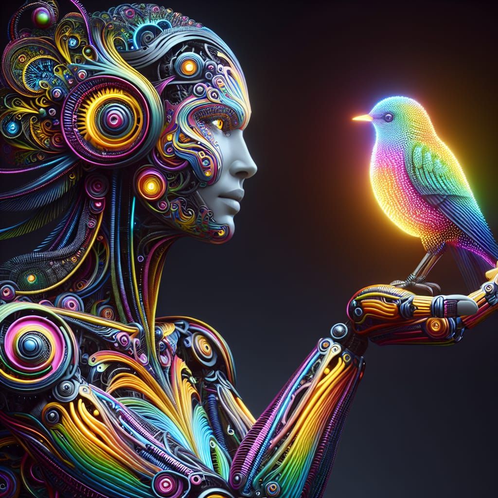 Rainbow Robot with Bioluminescent Bird