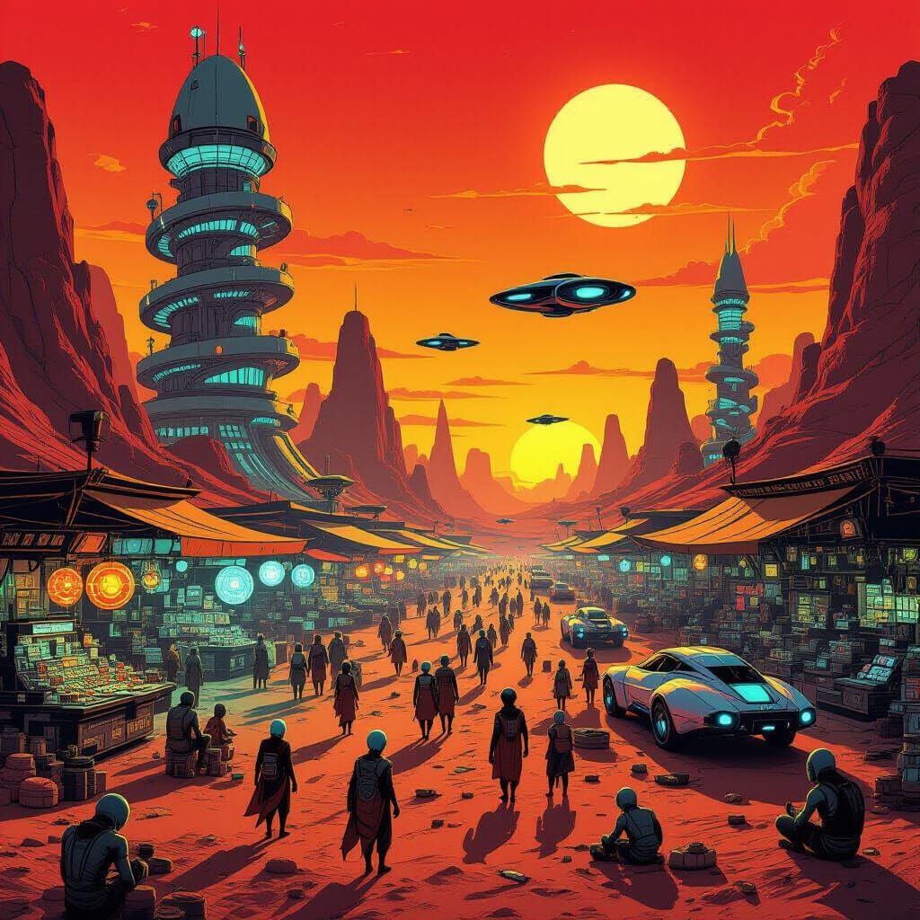 Alien Marketplace Under Binary Sunset