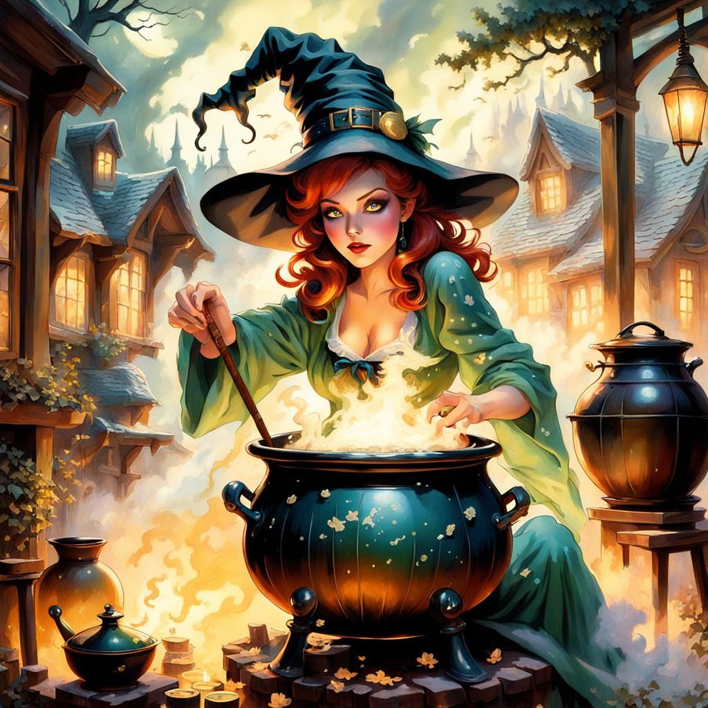 Anime Witch Pin-Up Stirring Cauldron in Ethereal Style