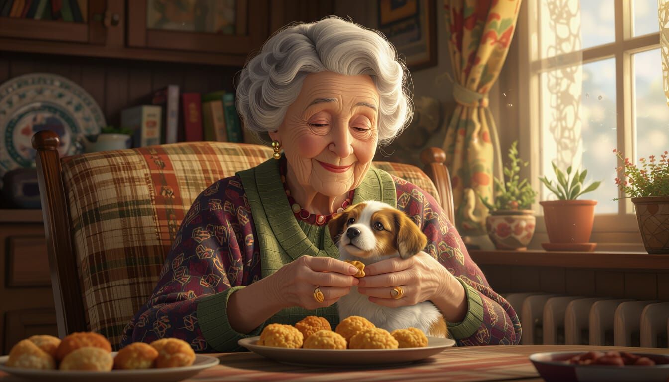 Grandmother Cradling Puppies: A Hyperdetailed Portrait