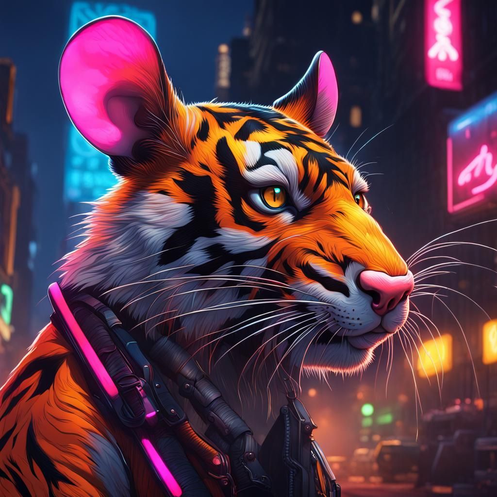 Hyperrealistic Neon Rat-Tiger Hunting in Urban Setting